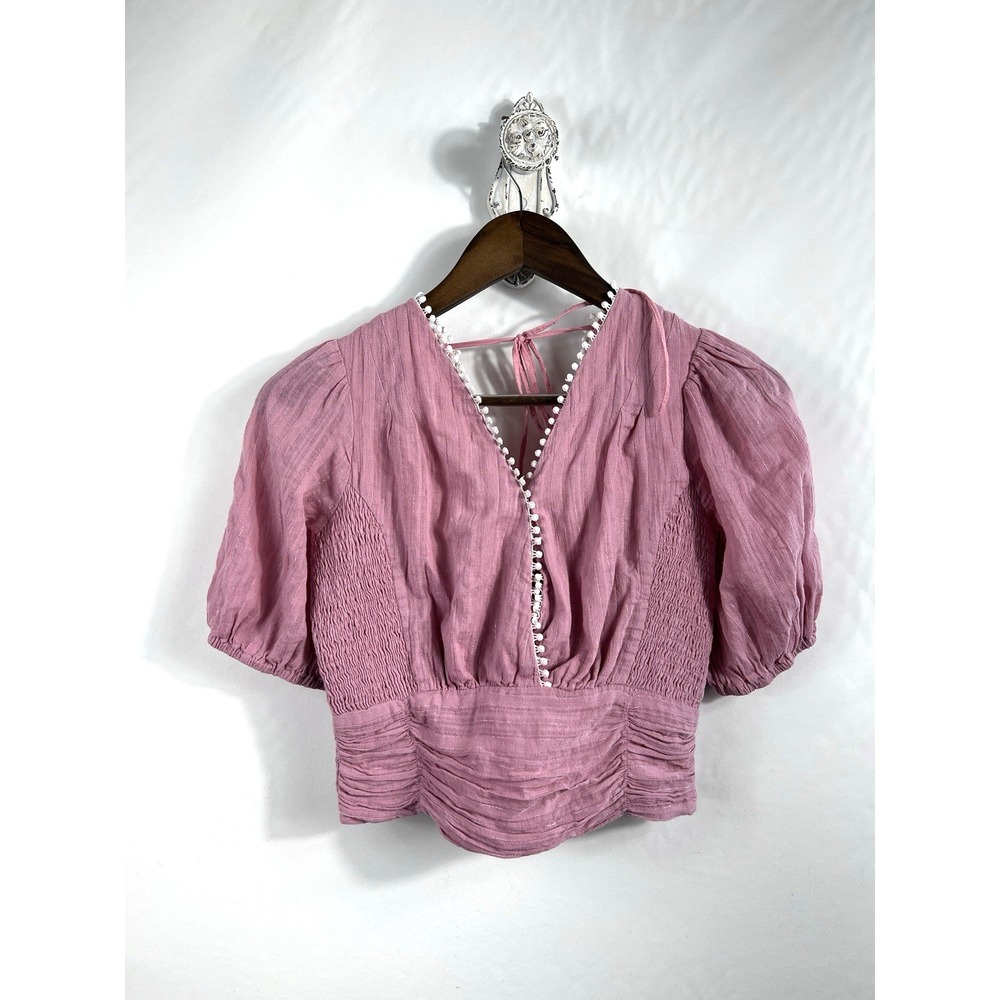 Heartloom Short Puff Sleeve Pink Smocked Surplice Top Women's Size XS